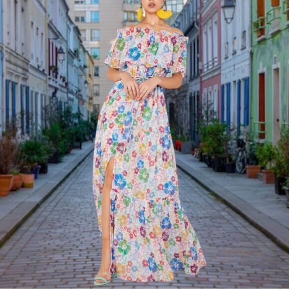 ALL THINGS MOCHI Kona Floral Bardot Chiffon Maxi Dress M - Picture 7 of 16